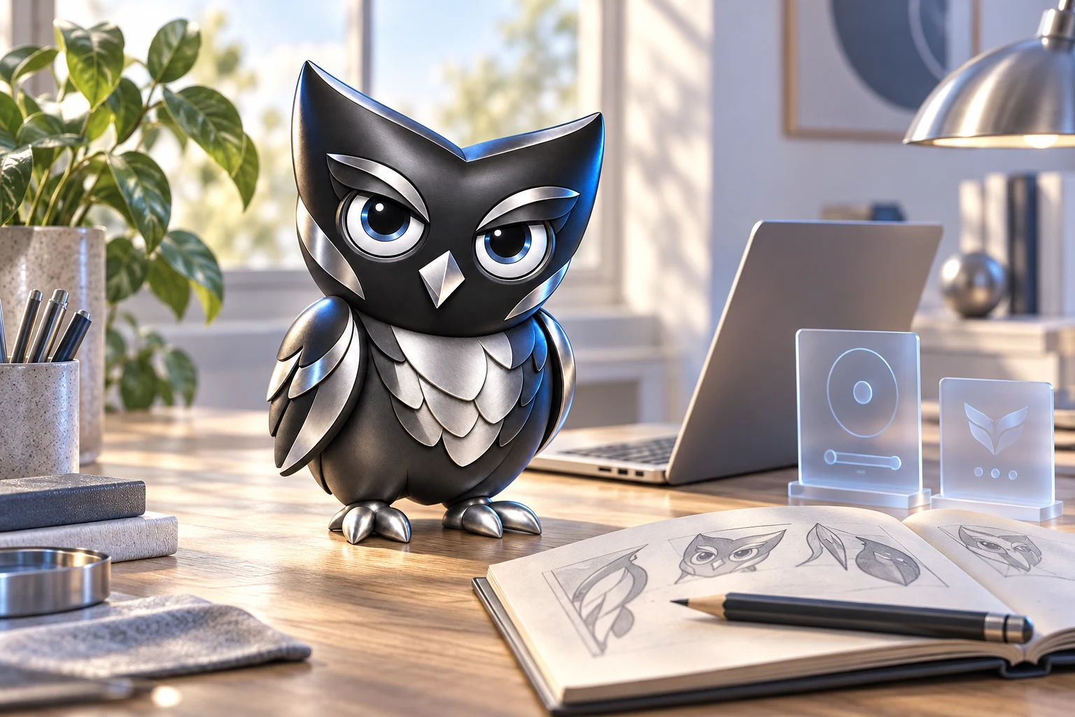 Owly at a sunlit studio workbench beside a sketchbook and interface concepts.