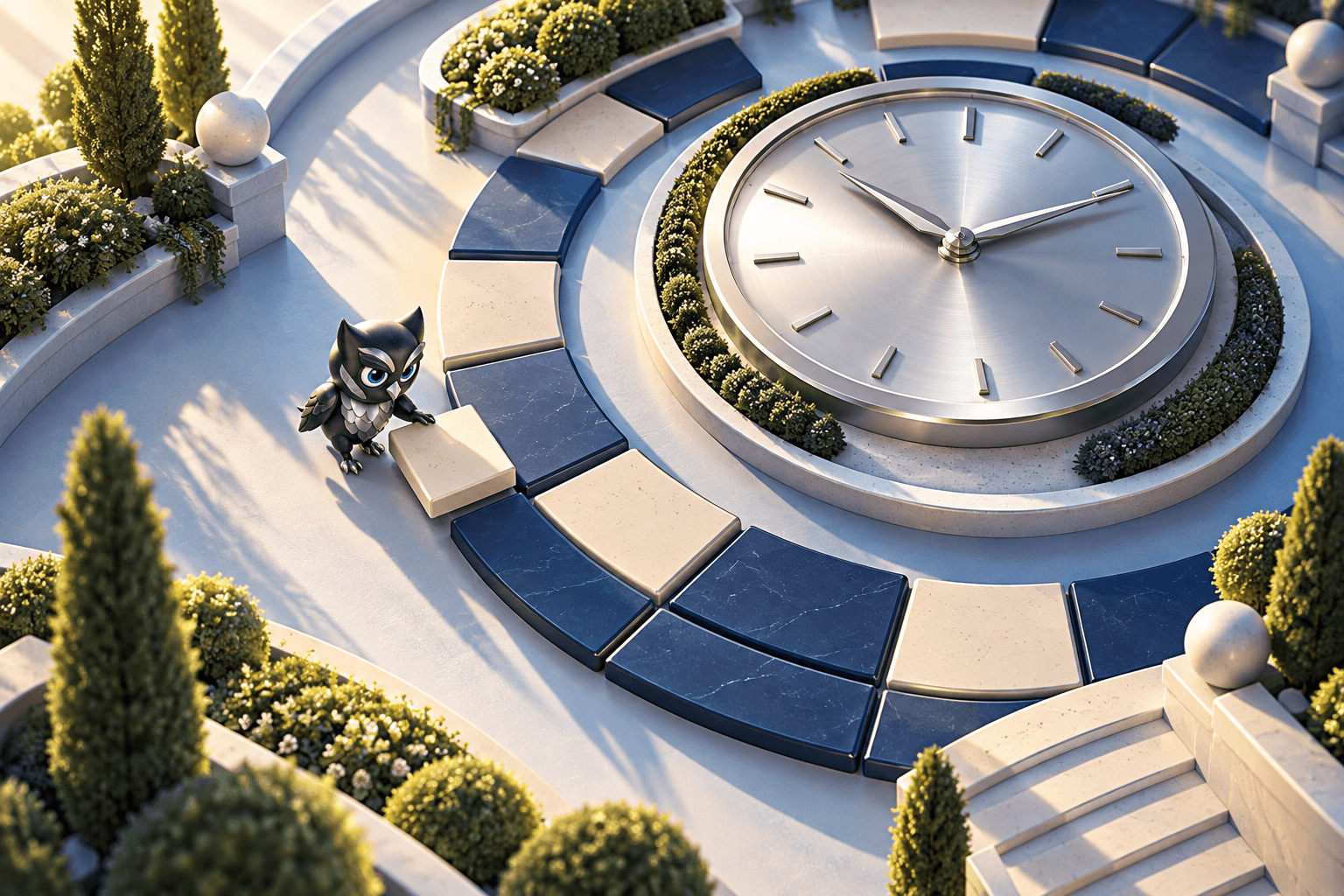 A small Owly moving a tile around a large silver clock in a sunlit planner garden.