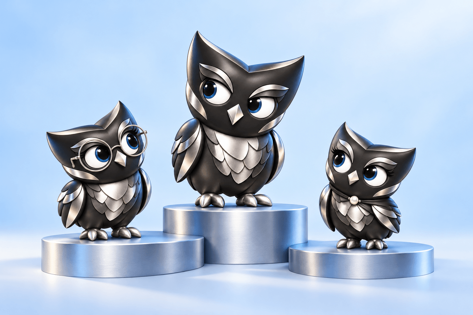 Three expressive black-and-silver Owly looks displayed on small silver plinths.
