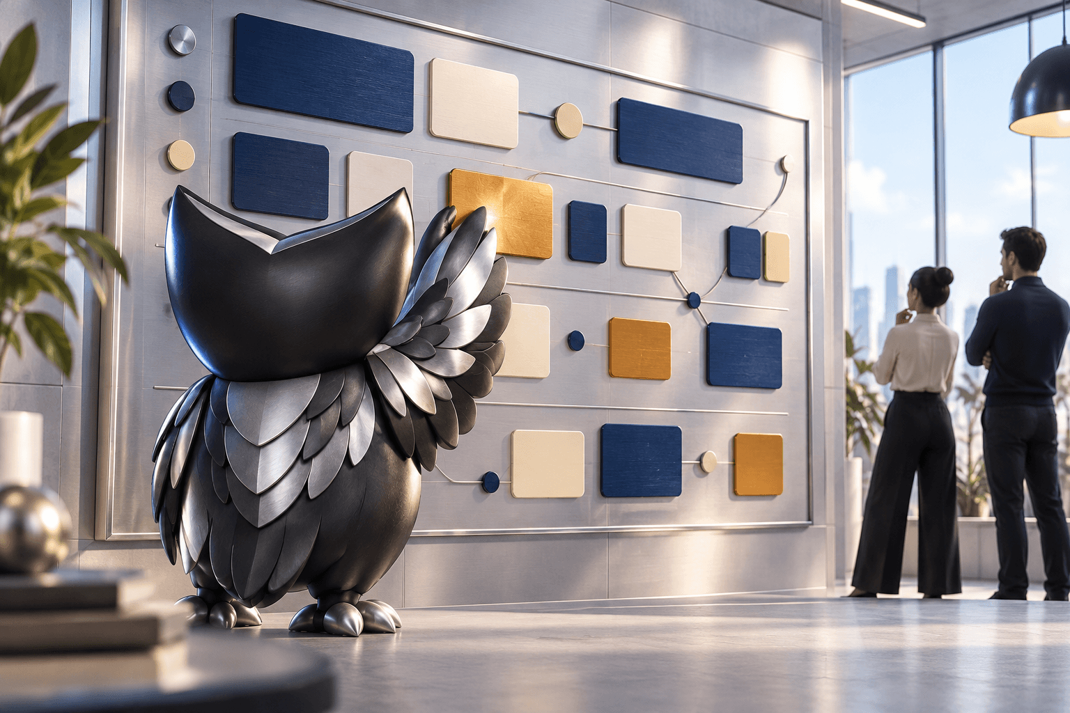 Owly seen from behind placing a gold task tile on a physical planning wall, with two colleagues nearby.