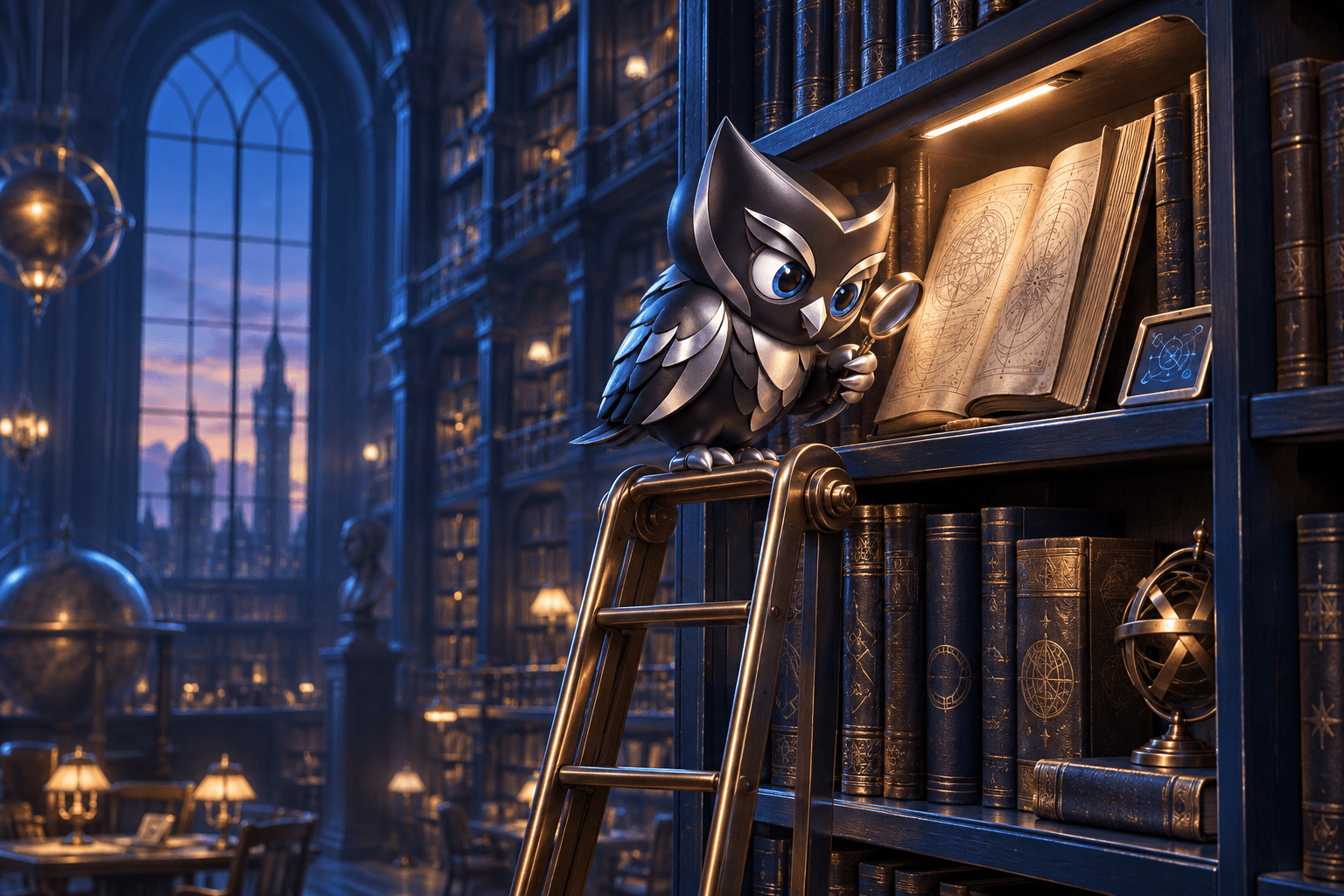 Owly on a brass library ladder, studying an open book with a magnifying glass at dusk.