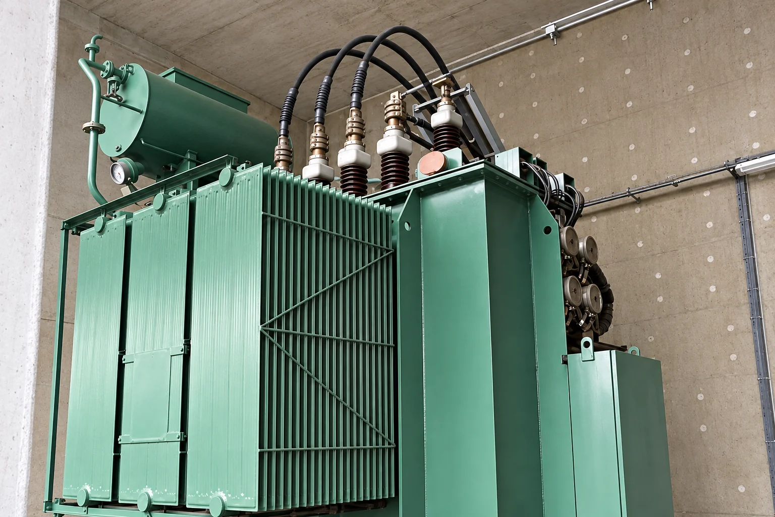 Photograph of a green medium-voltage power transformer with ribbed cooling fins and heavy cables.