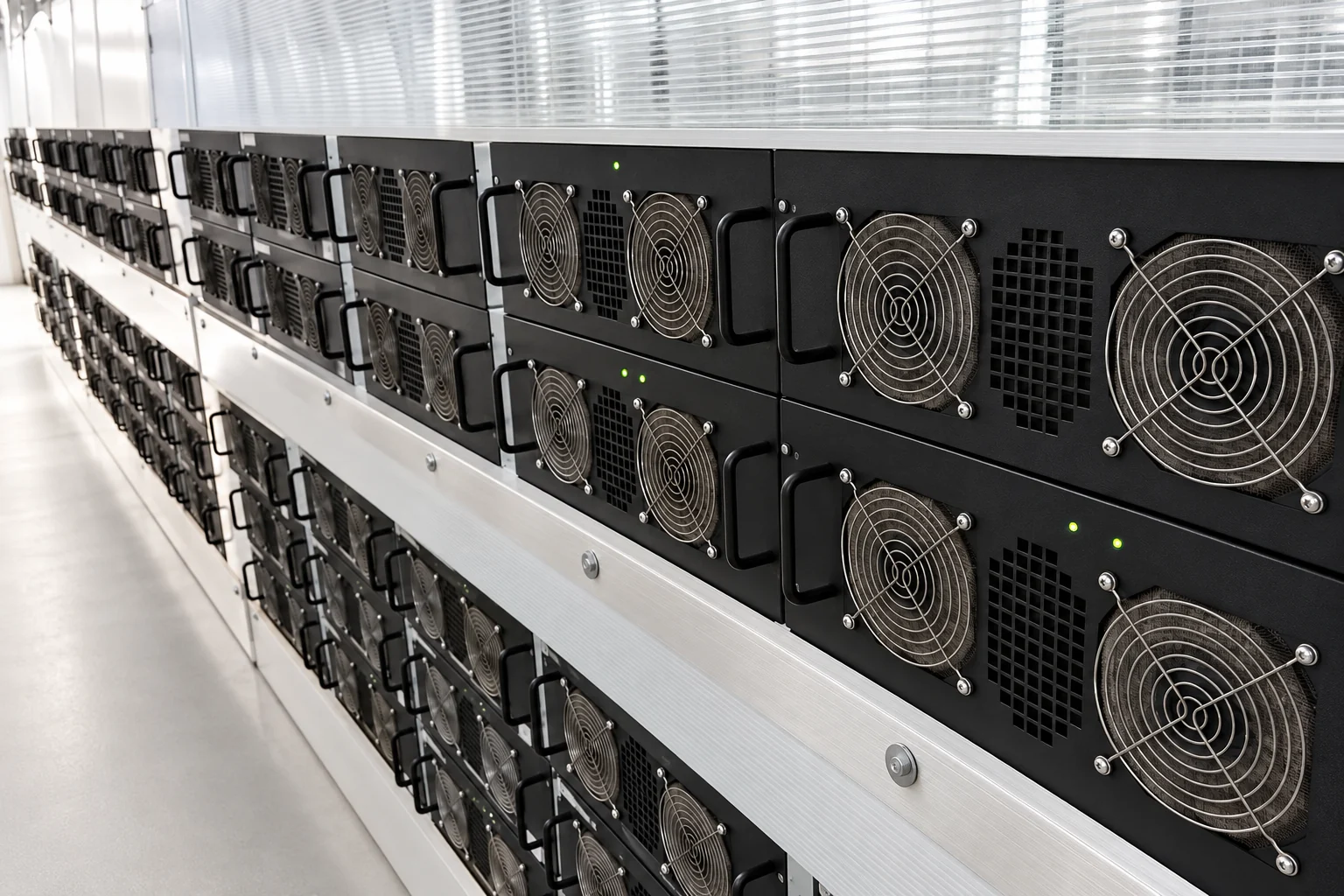 Photograph looking along a row of compute units with large round fan guards on aluminium shelving.