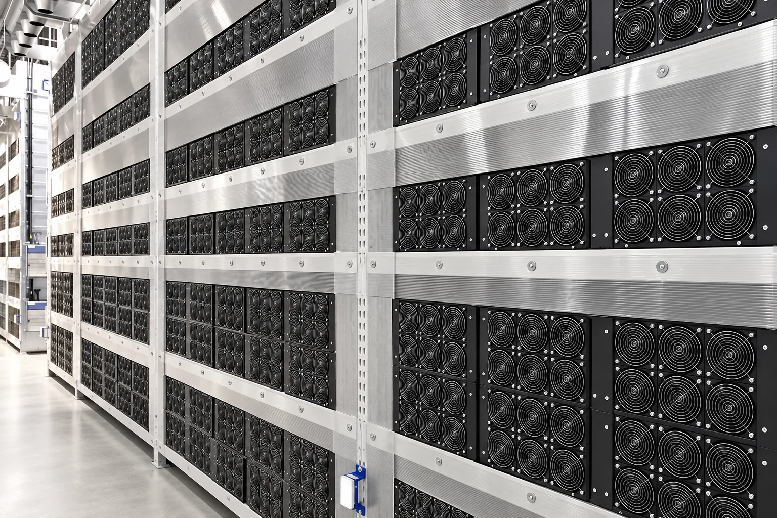 Photograph of a wall of aluminium shelving densely filled with fan-faced compute units.