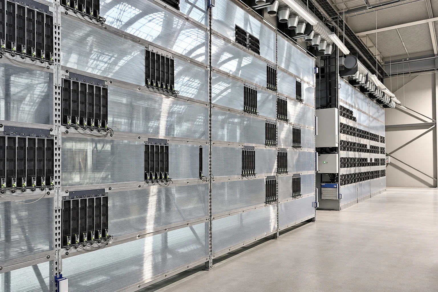 Photograph of clear air-containment panels around rows of compute boards on aluminium shelving.