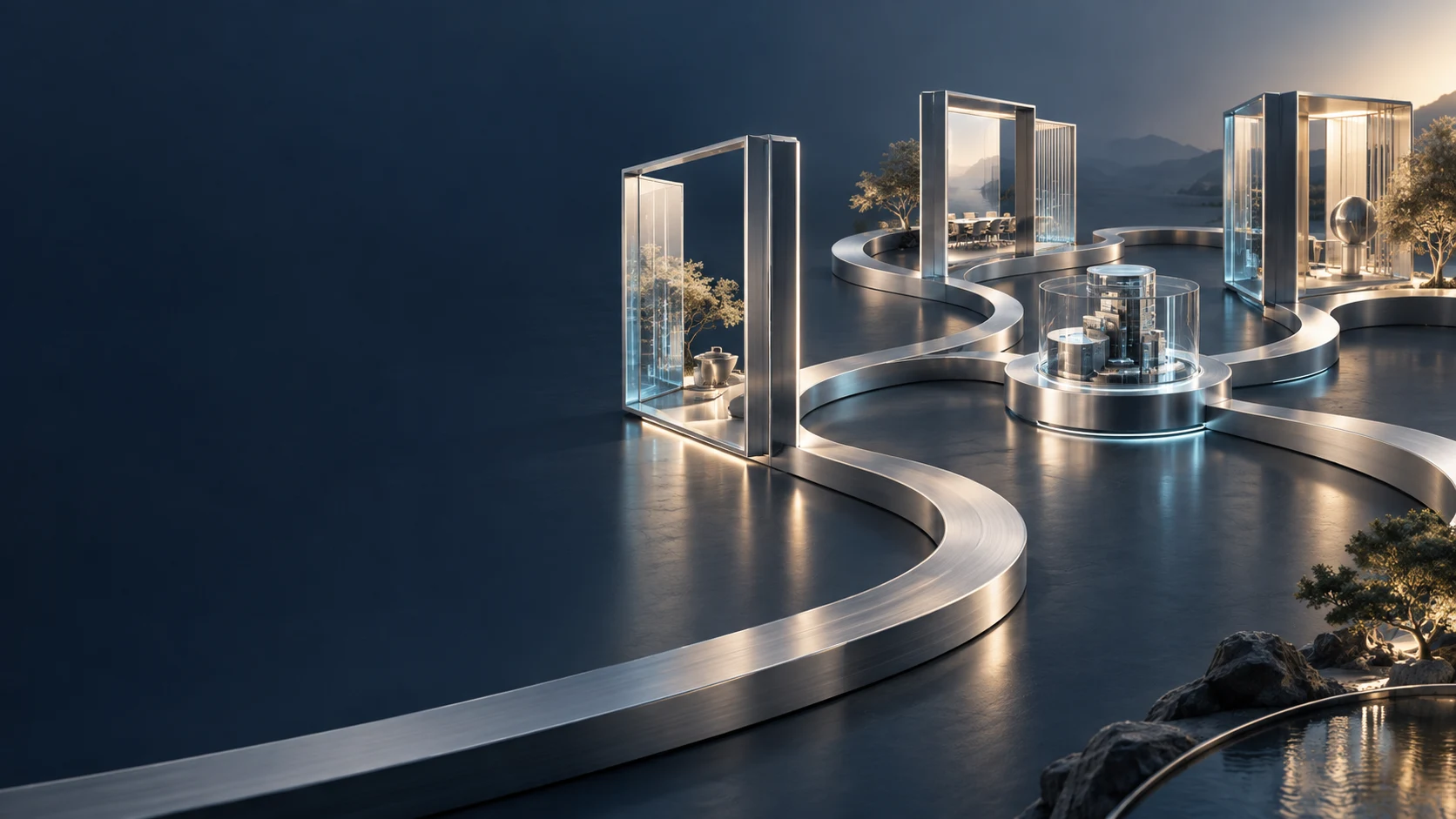 AI-generated concept illustration of continuous silver paths connecting glass and metal structures in a midnight-blue landscape.
