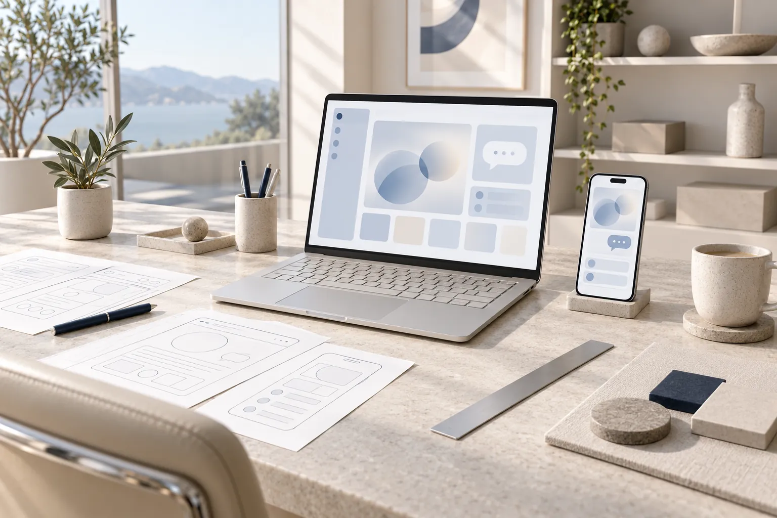 A silver laptop and a phone show a soft-block web app with an assistant chat bubble, beside paper wireframes of the same screens.