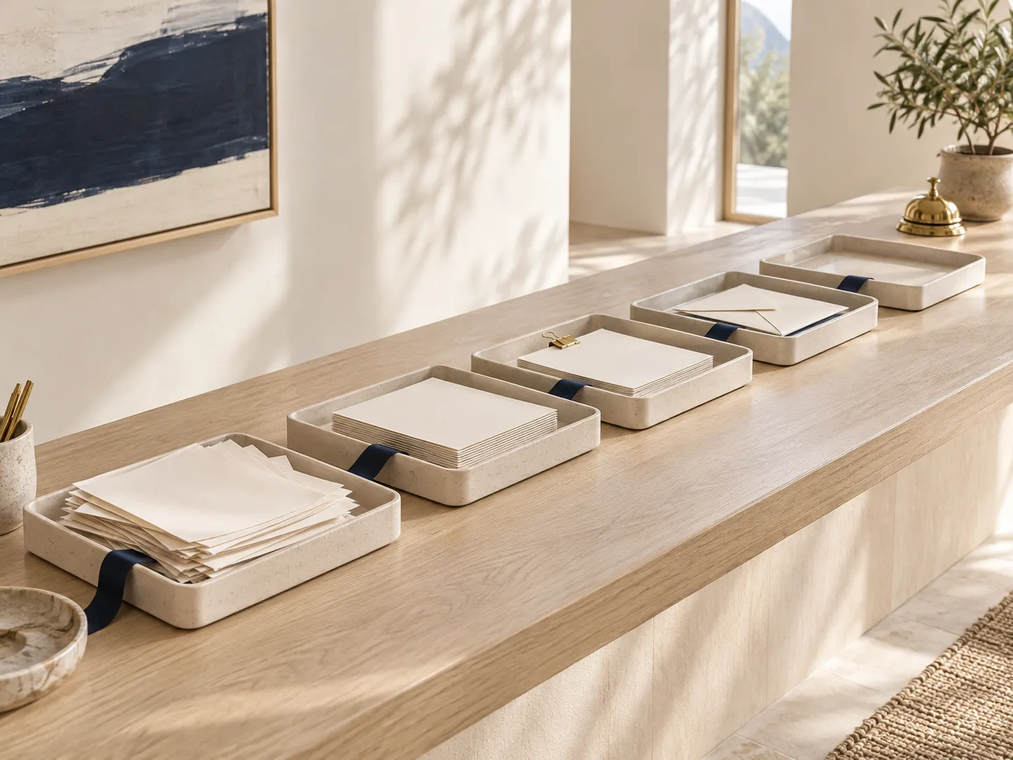 Five ceramic trays on a pale oak counter hold paperwork at each stage, joined by one midnight-blue ribbon, with a brass desk bell at the end.