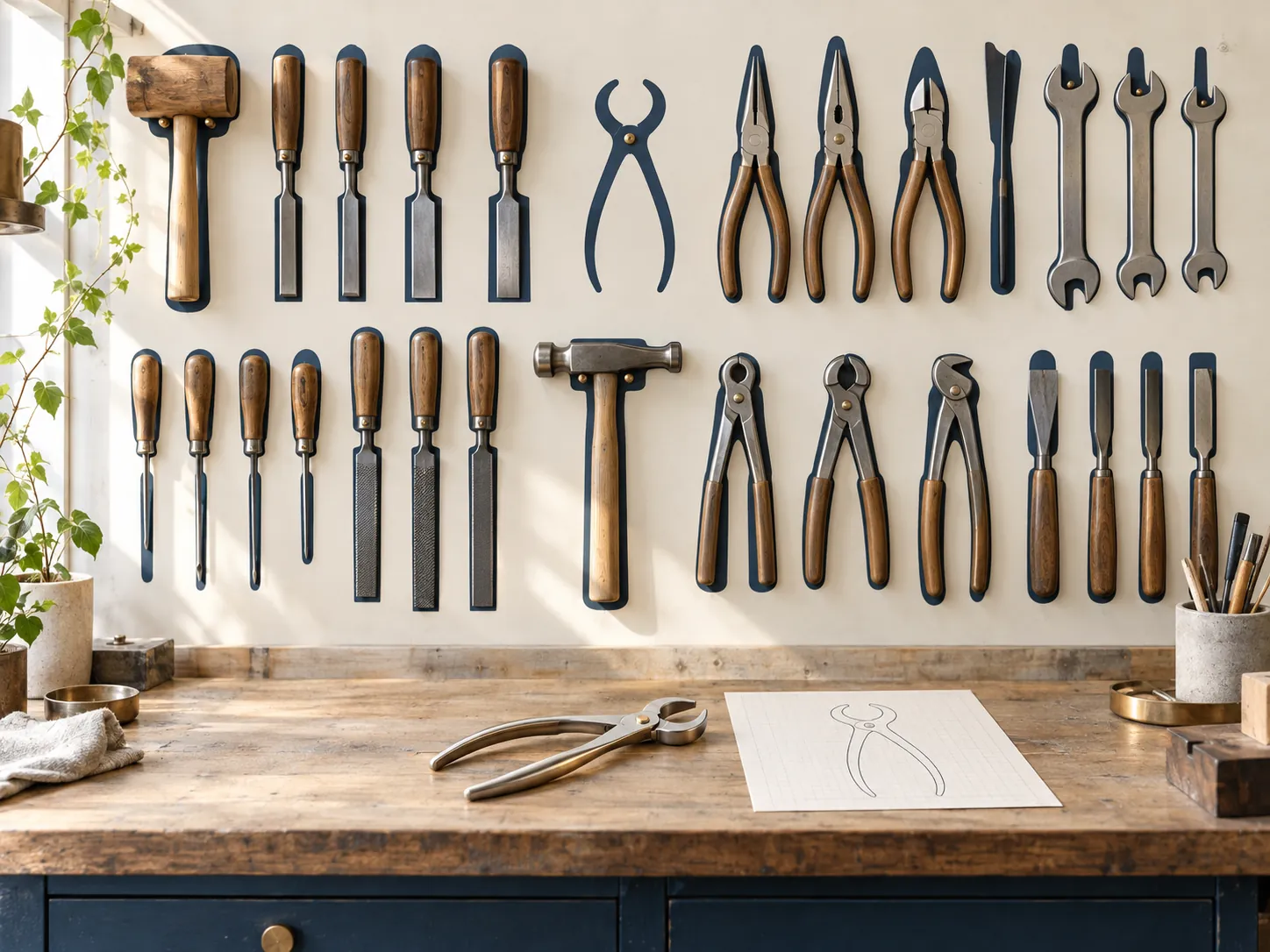 A tool wall with one empty outline and a newly made custom tool on the bench, made to fit it.