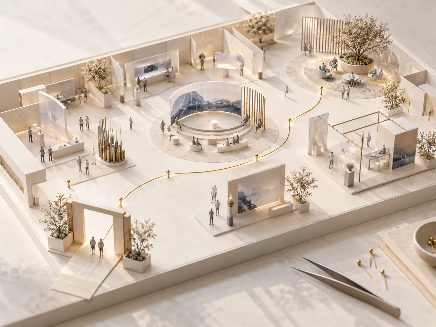 Scale model of an exhibition hall with a thread tracing one visitor's route to a meeting point.