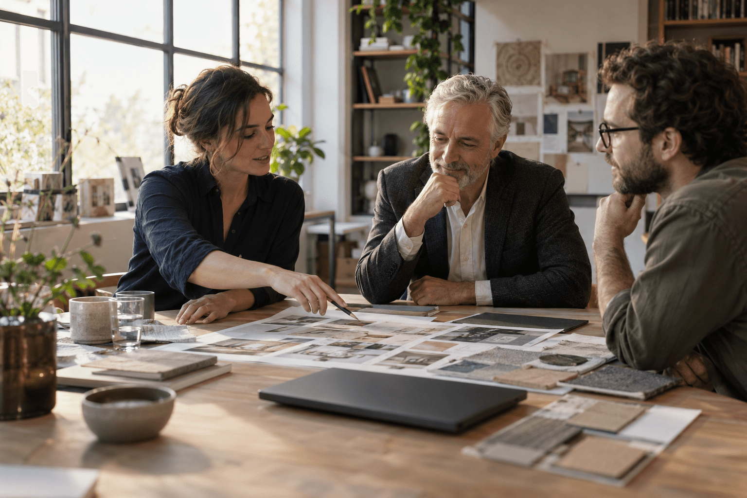 Concept illustration: A project lead reviews printed plans with a business owner and colleague.