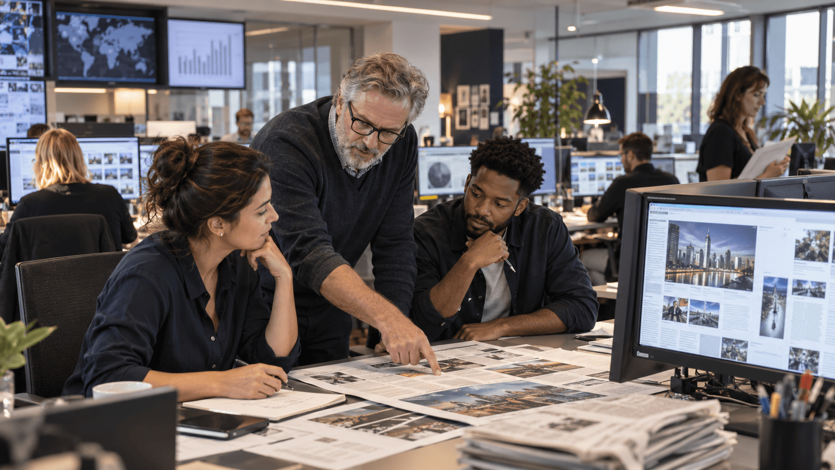 Principle Plain Talk Three editors discussing a page layout and checking its details together in a newsroom.