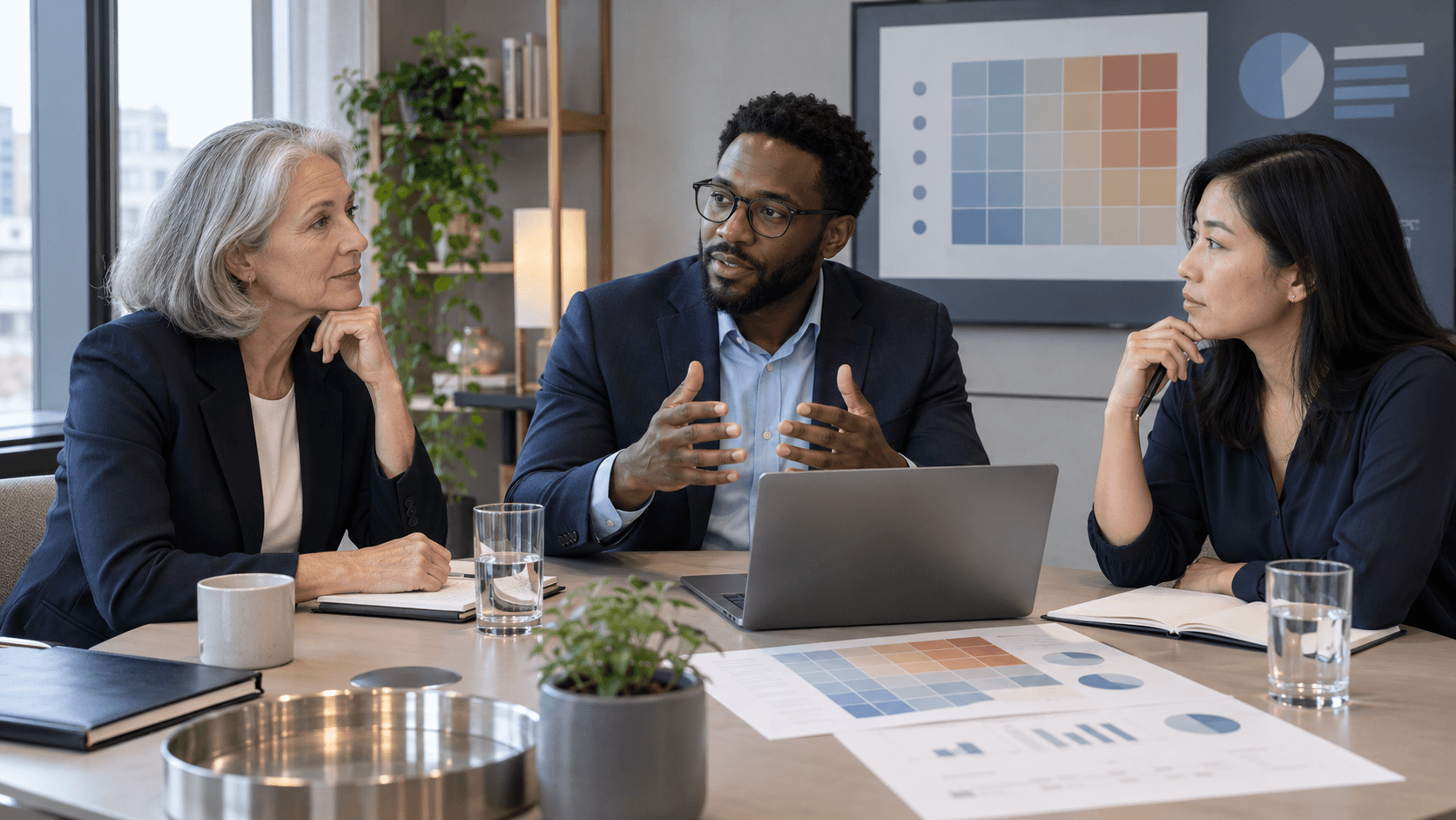 Concept illustration of three colleagues reviewing an AI workflow and its risks, with every face in clear focus.