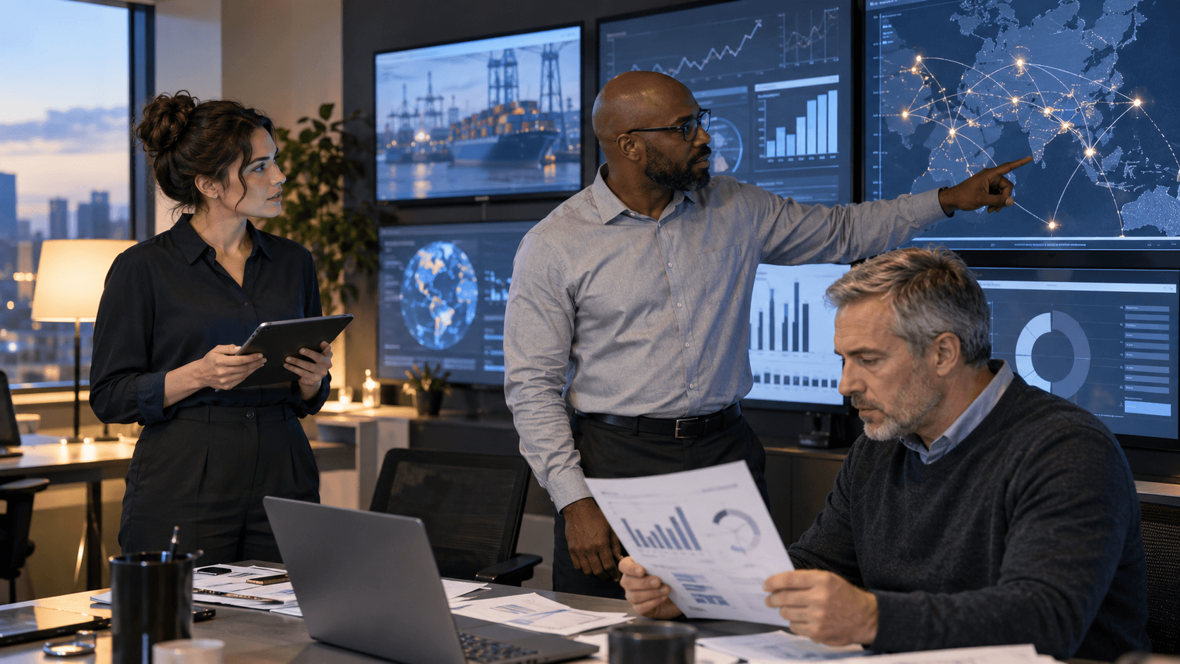 Concept illustration of three analysts comparing industry reports, supply-chain information and market data.