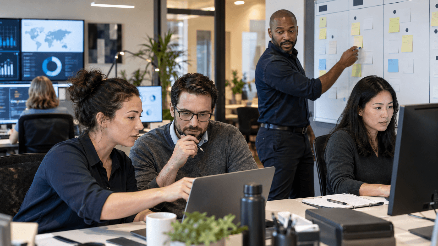 Concept illustration of a business operations team coordinating work across a planning board, dashboards and customer systems.