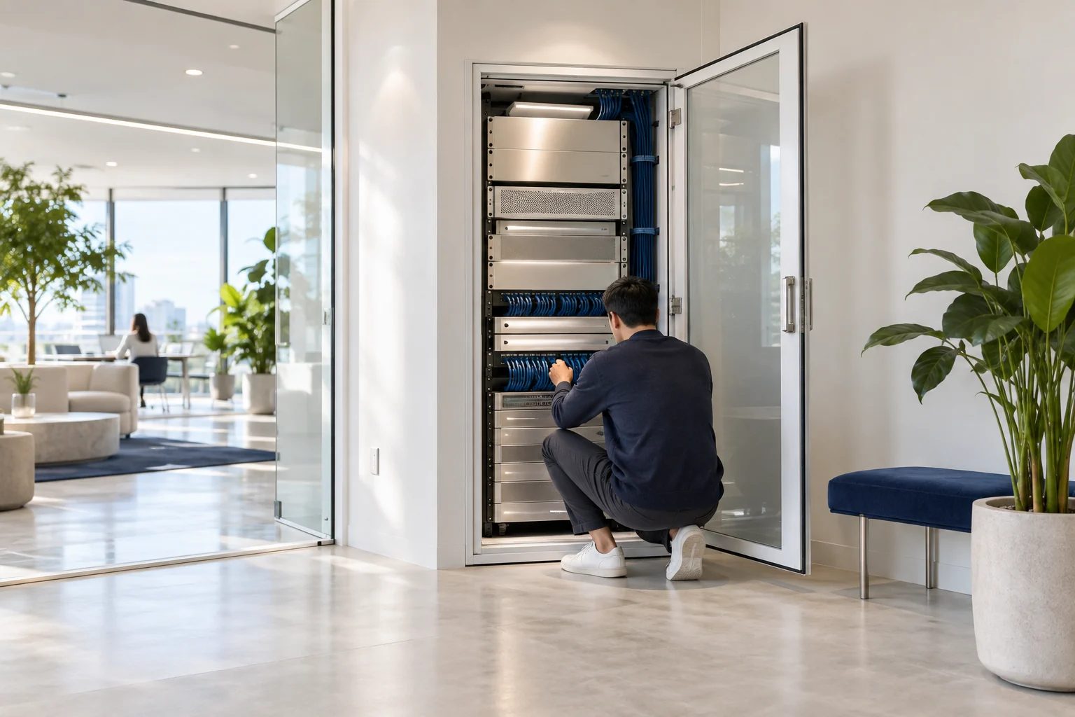 A compact white server rack in a bright office closet with tidy midnight-blue cables.