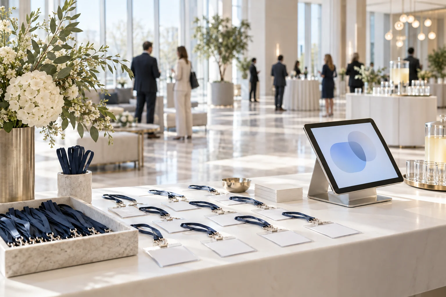 An event registration table with name badges and a tablet check-in screen in a bright venue.