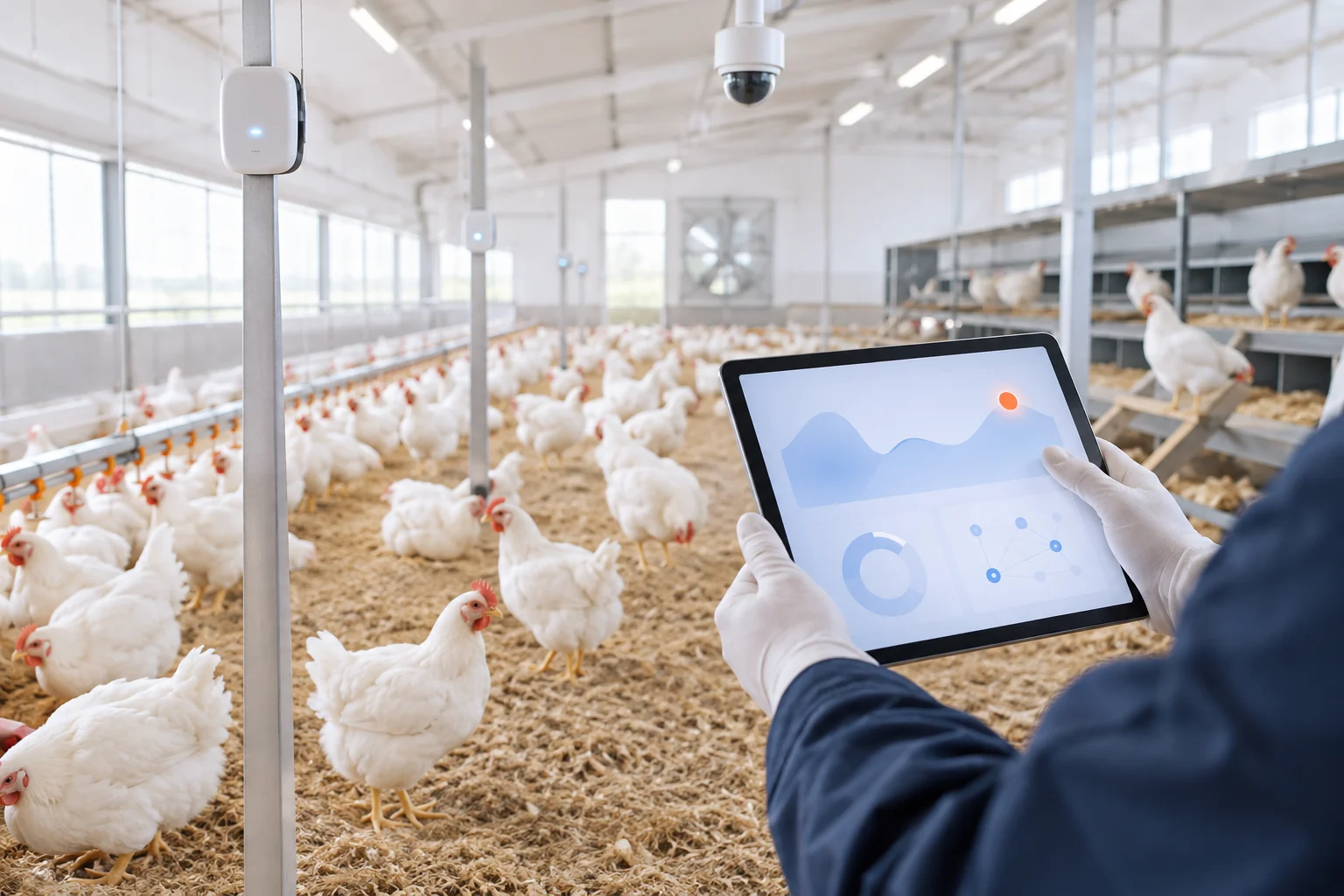 A bright modern poultry house with white hens, small wireless sensors on posts and a tablet showing readings.