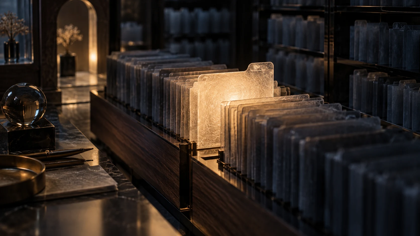 Concept illustration of one illuminated folder among rows of dark archival folders.