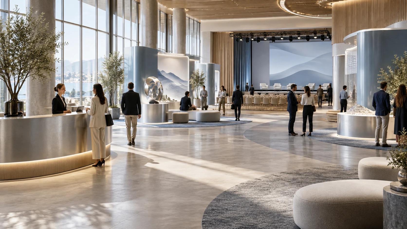 Concept of a daylight conference venue with reception, exhibition stands and a presentation stage.