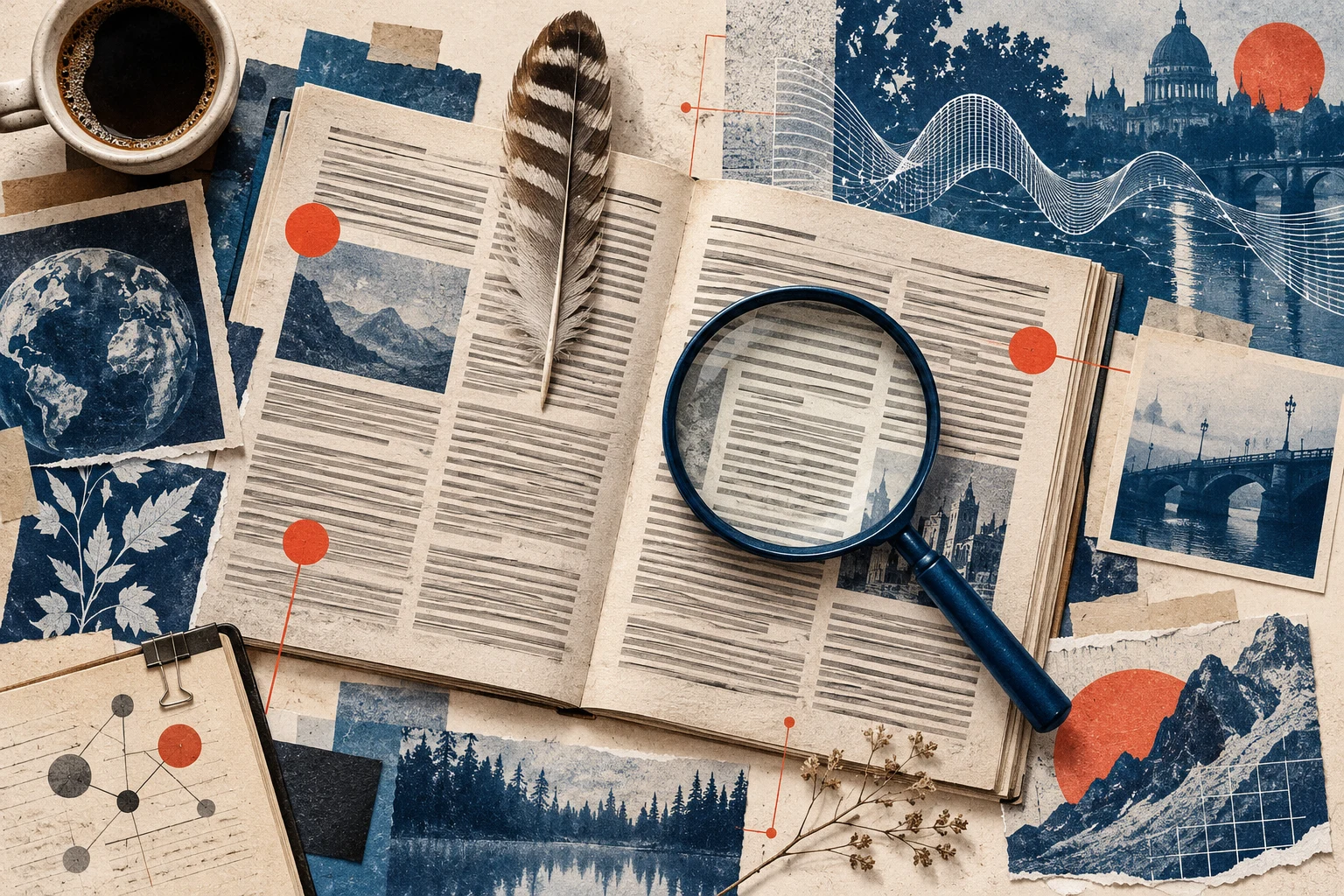 Editorial concept illustration of an open newspaper, a magnifying glass and collage fragments.