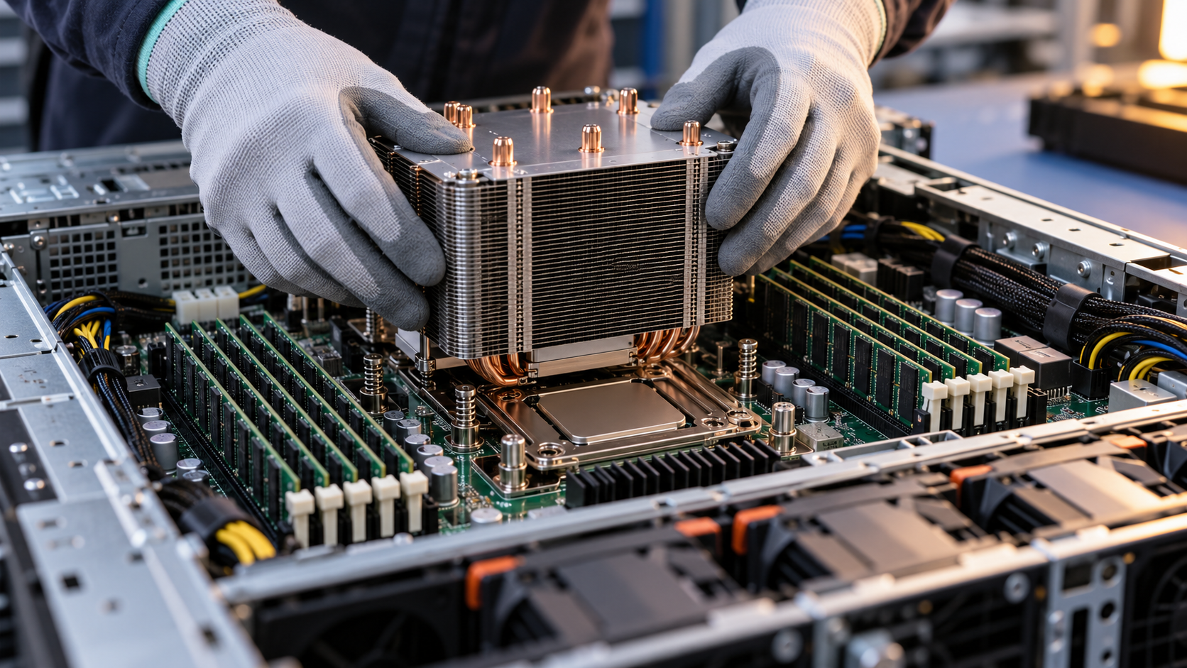 Gloved hands lower a heatsink onto a server motherboard.