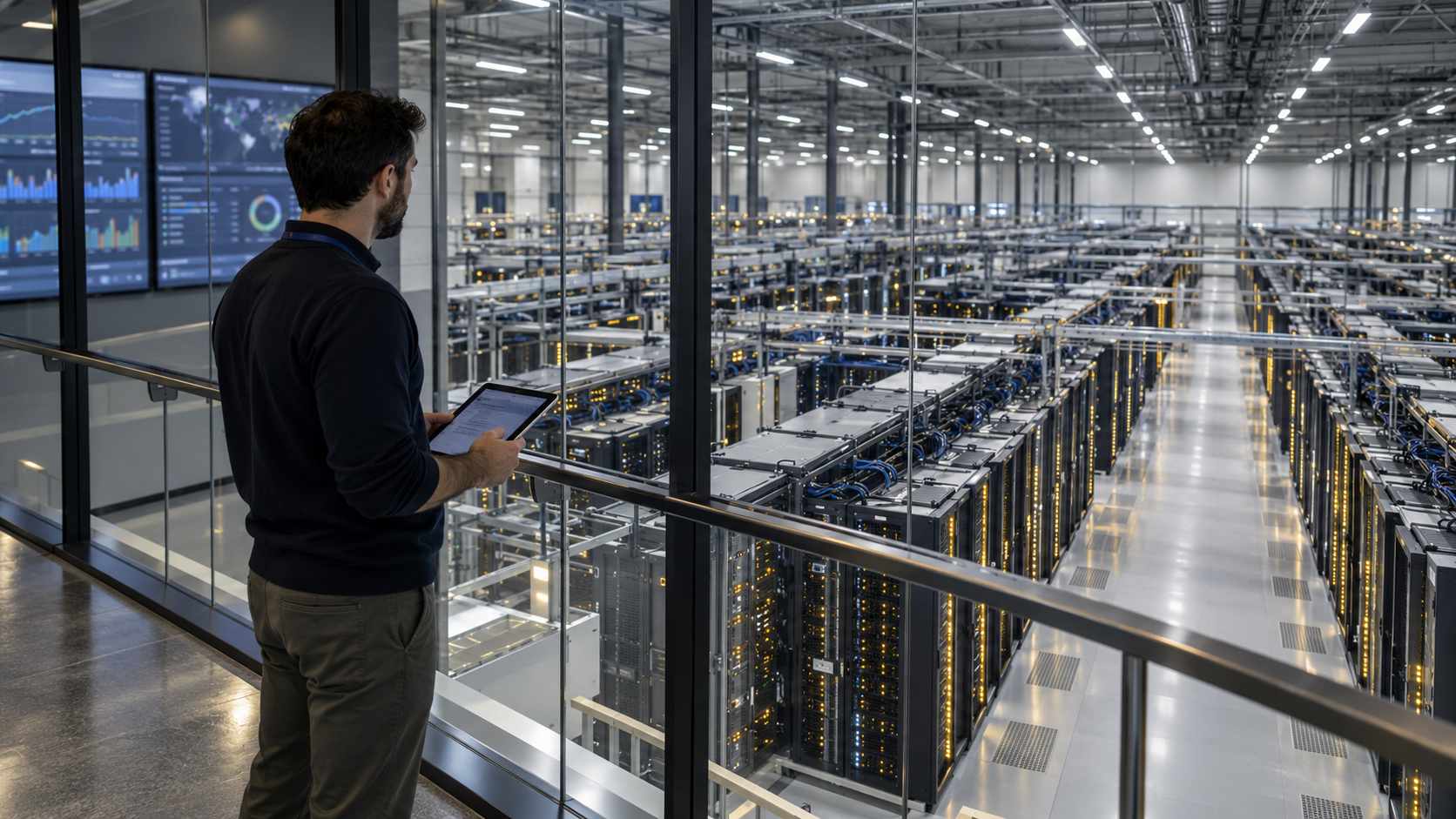 An operations engineer with a tablet looks over a large data hall of server racks.