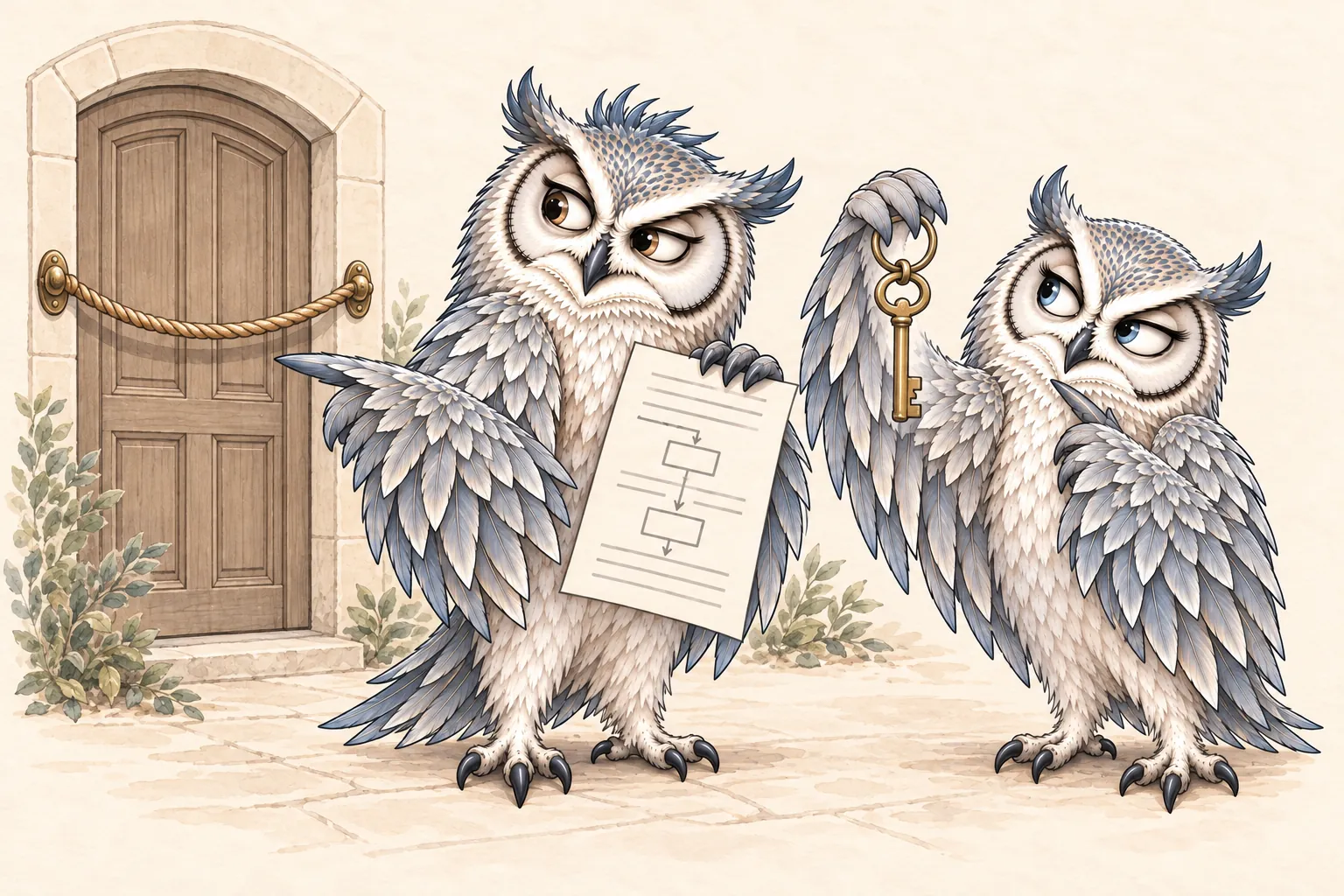 Silver Owl holds a policy sheet and points at a rope-barred door while his owl colleague holds up the matching brass key, with both complete owl figures visible.