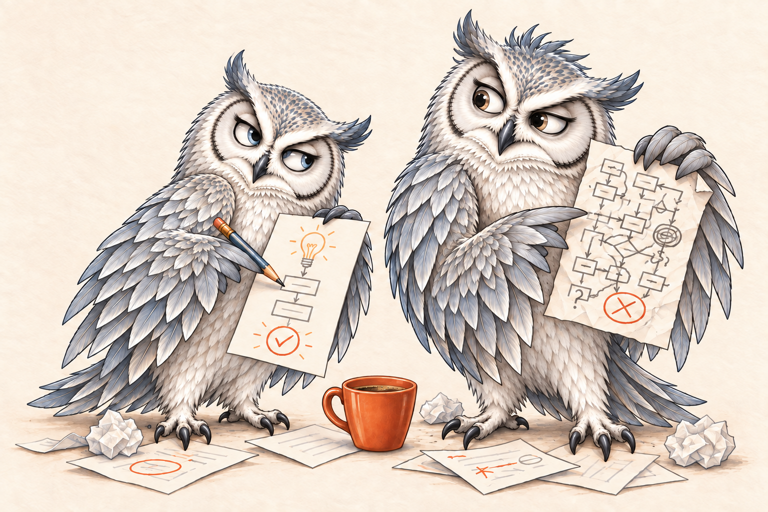 Silver Owl and his owl colleague compare two paper diagrams, with both complete figures visible in the approved silver, muted blue and light taupe artwork.