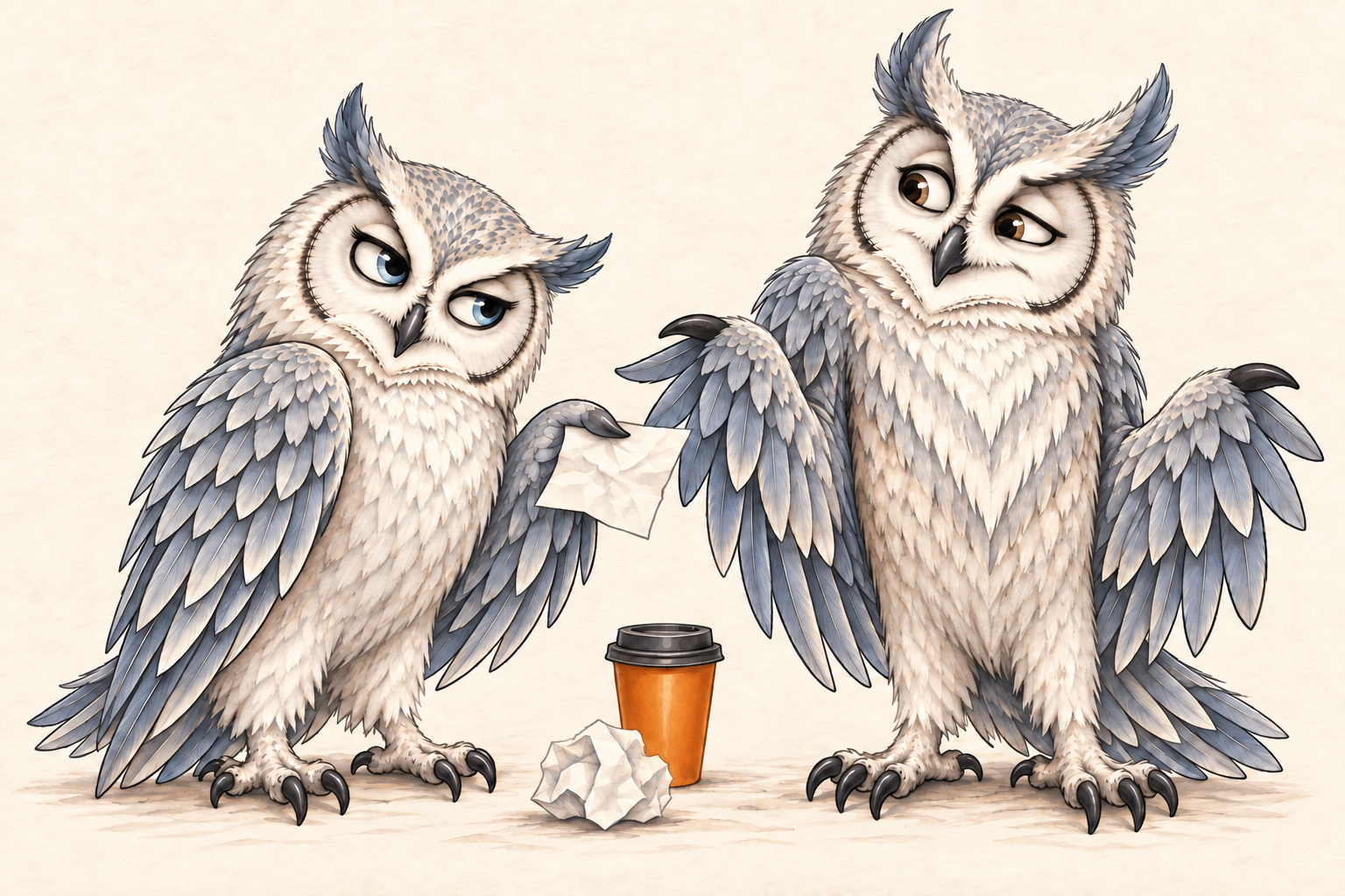 Silver Owl and his owl colleague discuss a sheet of work beside a takeaway cup, with both complete owl figures visible.