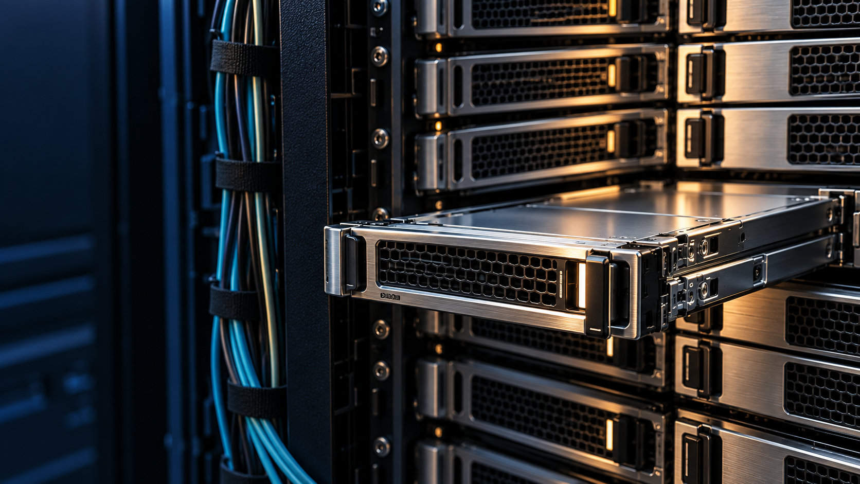 Close-up conceptual illustration of enterprise storage drawers and fiber cables, with OpenAI branding identifying the article's subject.