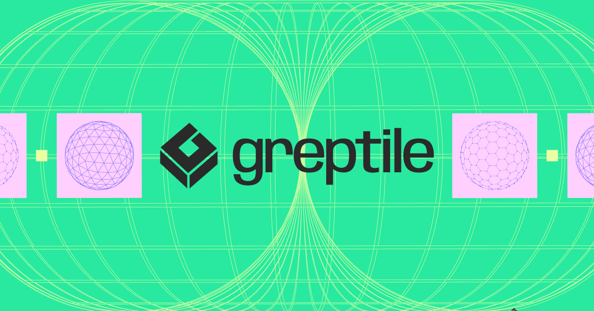 Greptile's official green and pink brand artwork with its name and geometric logo; not a screenshot of a test result.