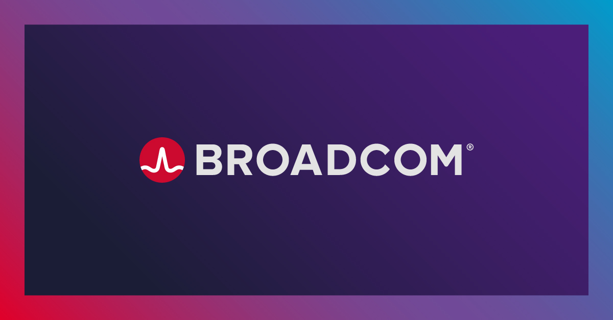 Broadcom corporate wordmark on a purple and blue company-branded background.