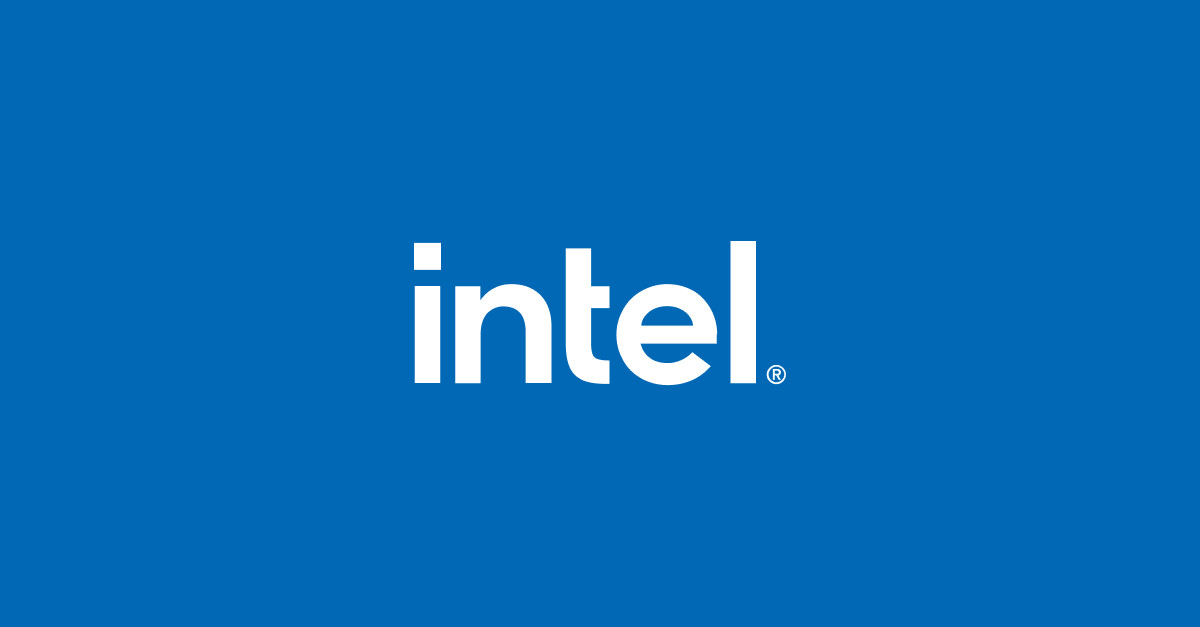 Intel corporate wordmark in white on a blue background.