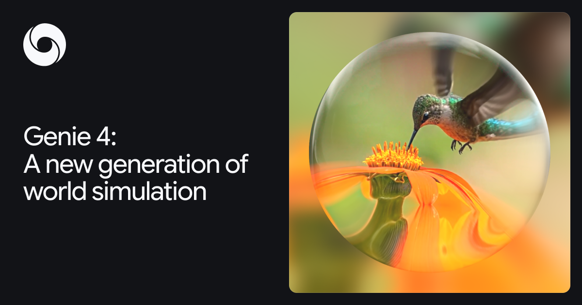 Google DeepMind Genie 4 launch artwork with a hummingbird and orange flower inside a glass-like sphere.