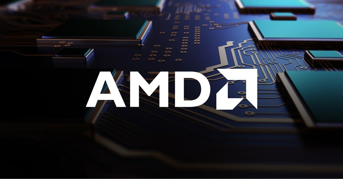AMD corporate artwork with a white AMD wordmark over blue circuit-board components.