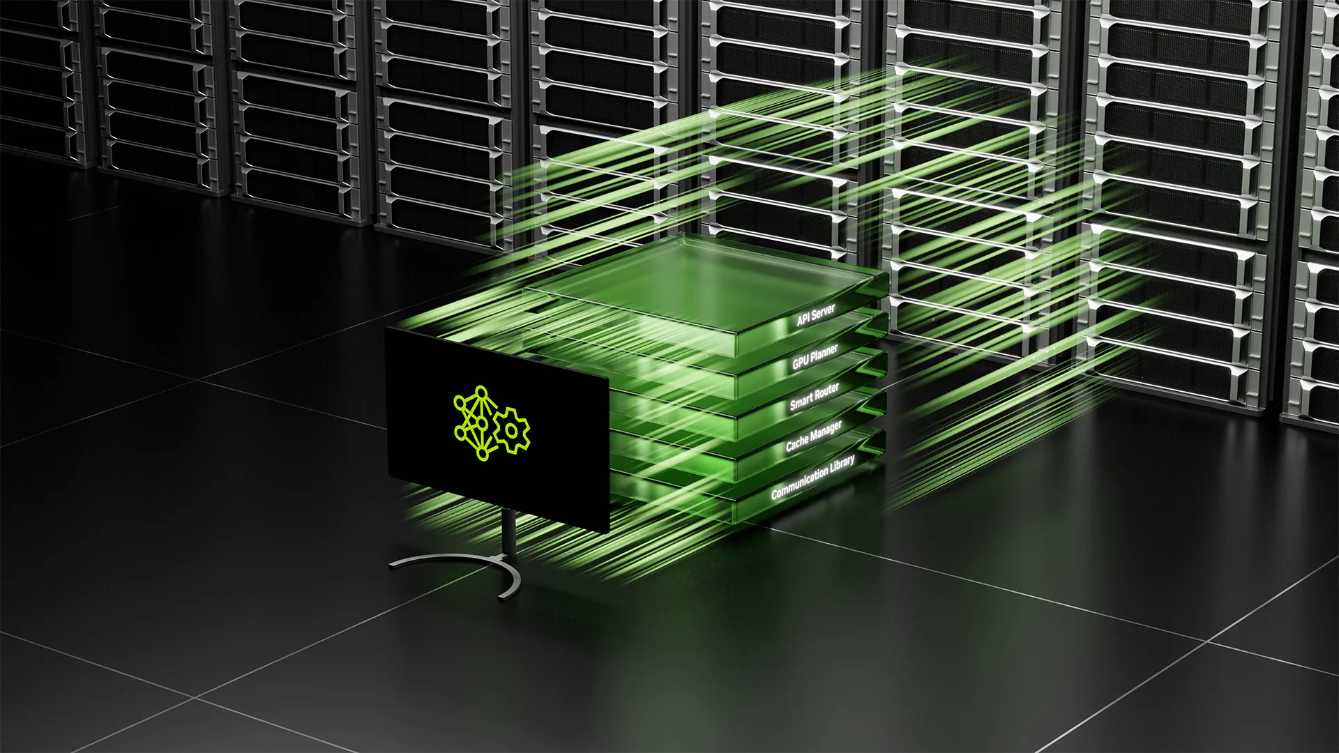 NVIDIA illustration of green software layers connected to rows of server racks.