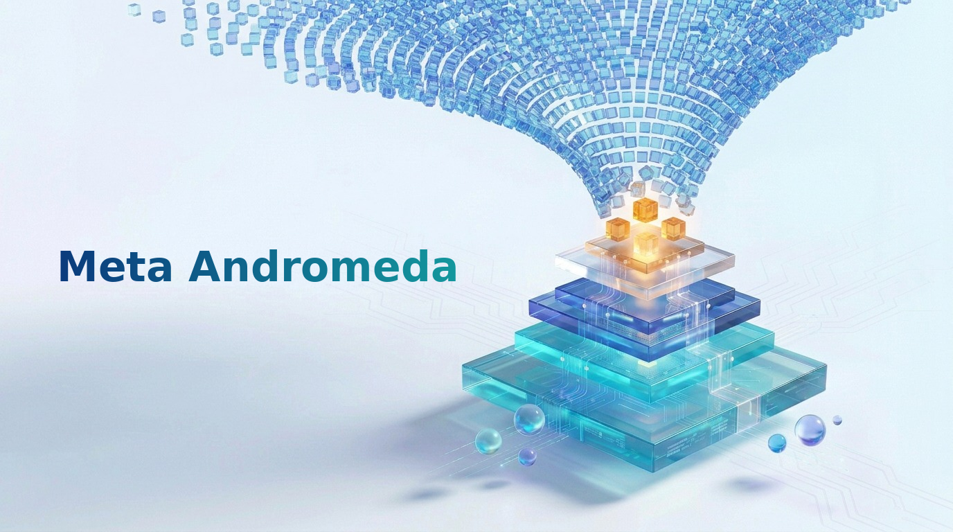 Meta Andromeda artwork showing blue cubes flowing into a layered processor-like structure.