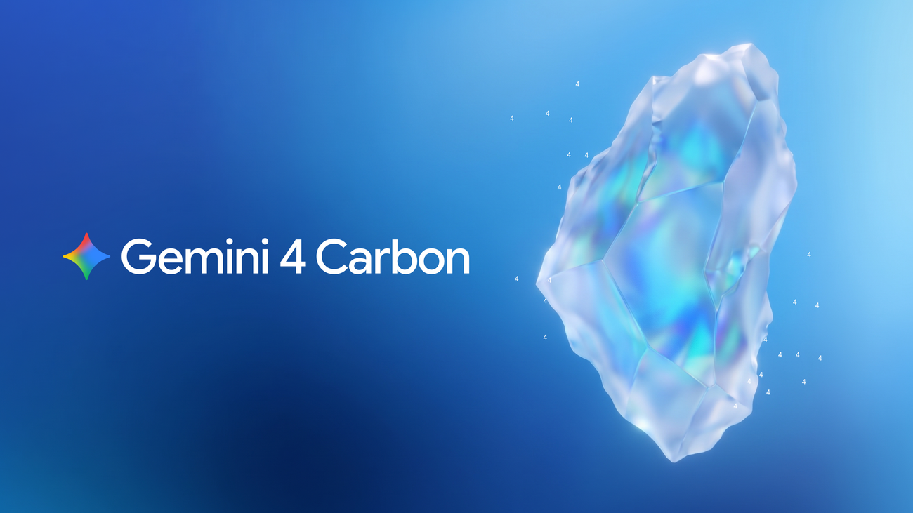 Google Gemini 4 Carbon title beside an iridescent crystal on a blue background.