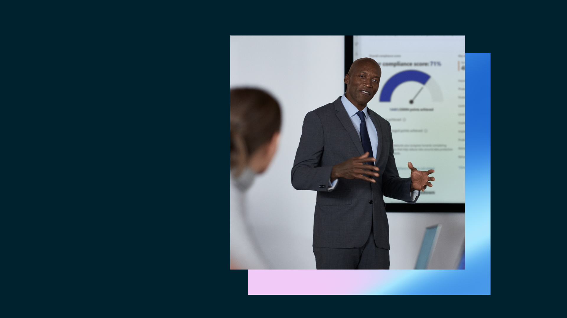 Official Microsoft article artwork showing a business presenter within a blue and purple frame.