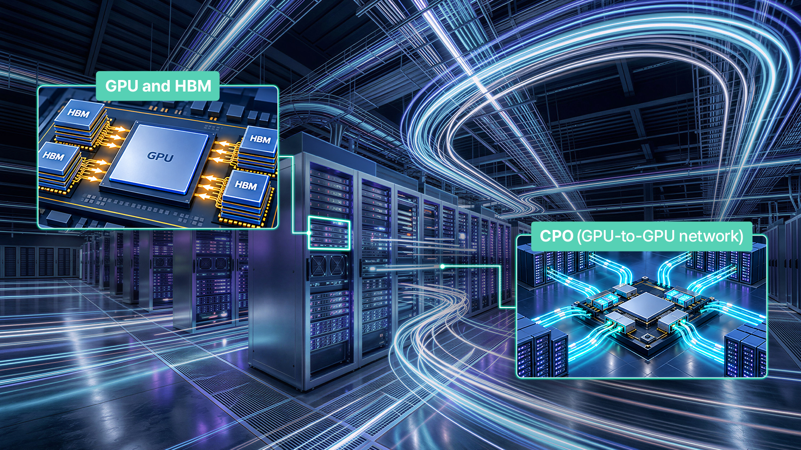 Official SK hynix diagram contrasting HBM beside a GPU with CPO connecting multiple GPU systems through optical networks.