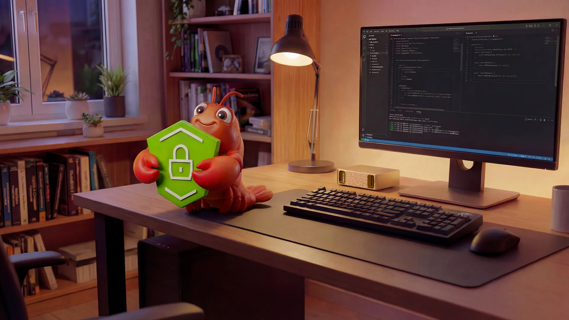 NVIDIA’s NemoClaw illustration shows an orange lobster holding a green shield beside a computer and DGX Spark.