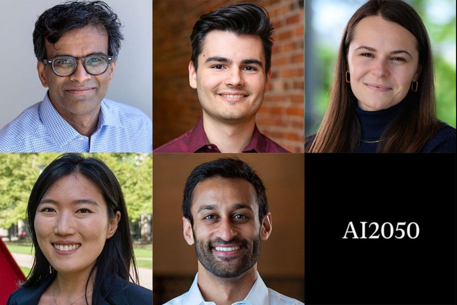 MIT’s collage of five faculty portraits with AI2050 lettering.