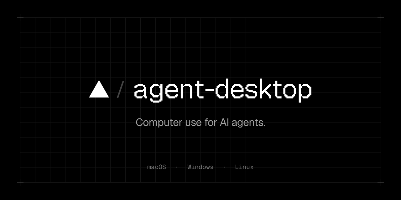 Official Vercel Labs agent-desktop artwork with its triangle mark and macOS, Windows and Linux labels.
