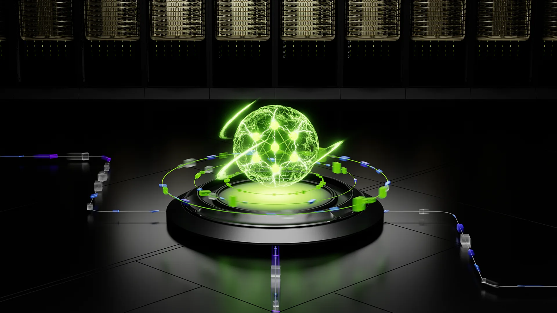 NVIDIA illustration of a green network sphere in front of server racks.