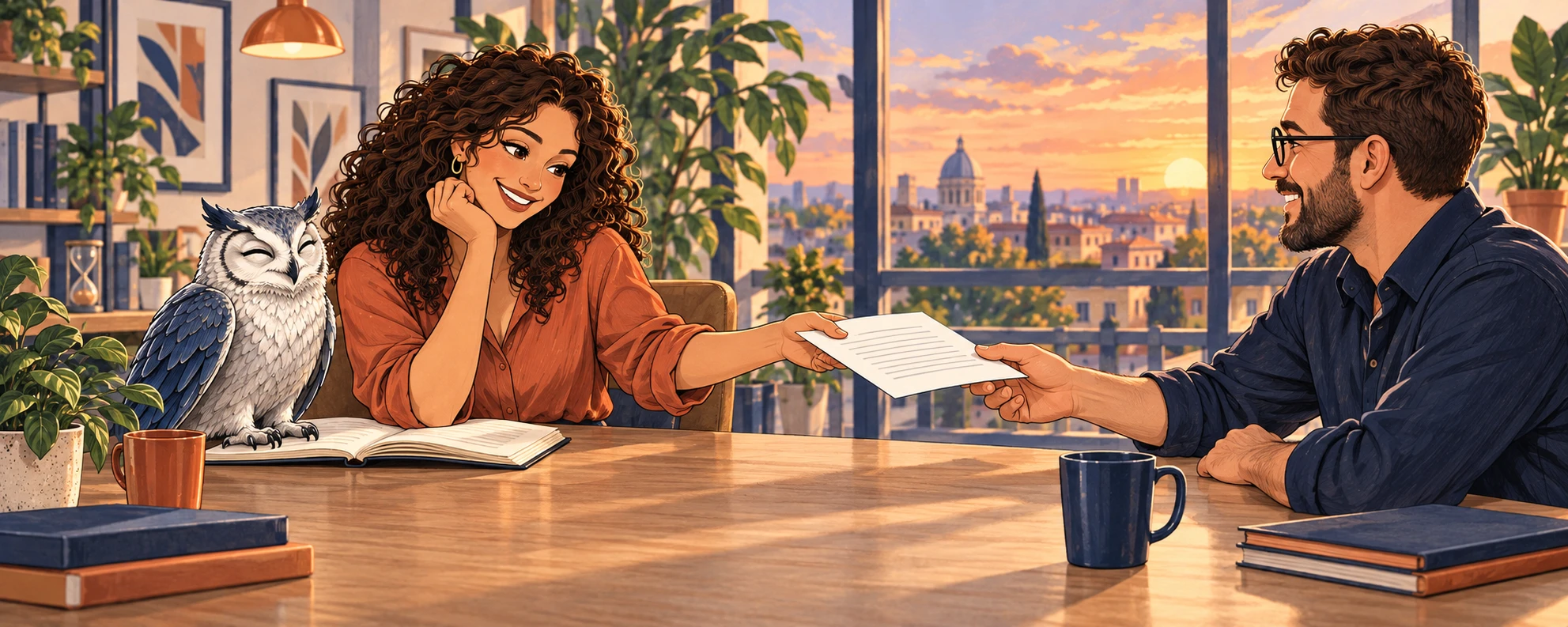 At sunset, Mara hands the completed page to a colleague across a clear desk while the owl rests on a notebook.