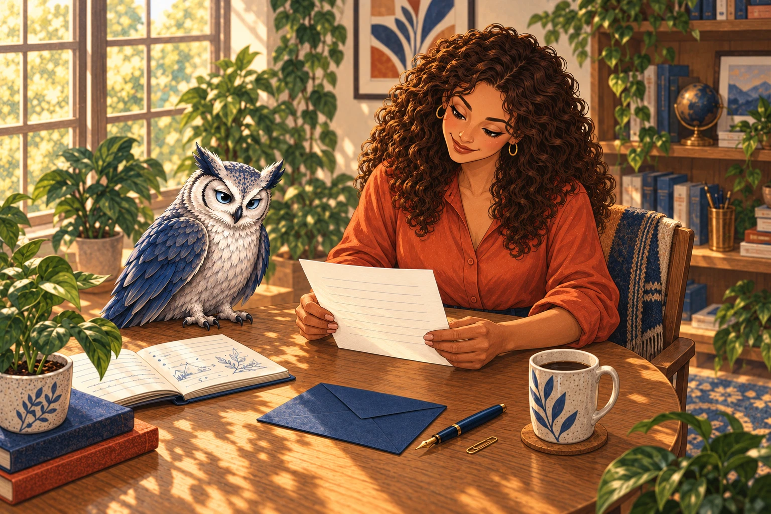 Mara holds the finished page beside the owl’s open source notebook. A blue envelope remains closed on the desk.